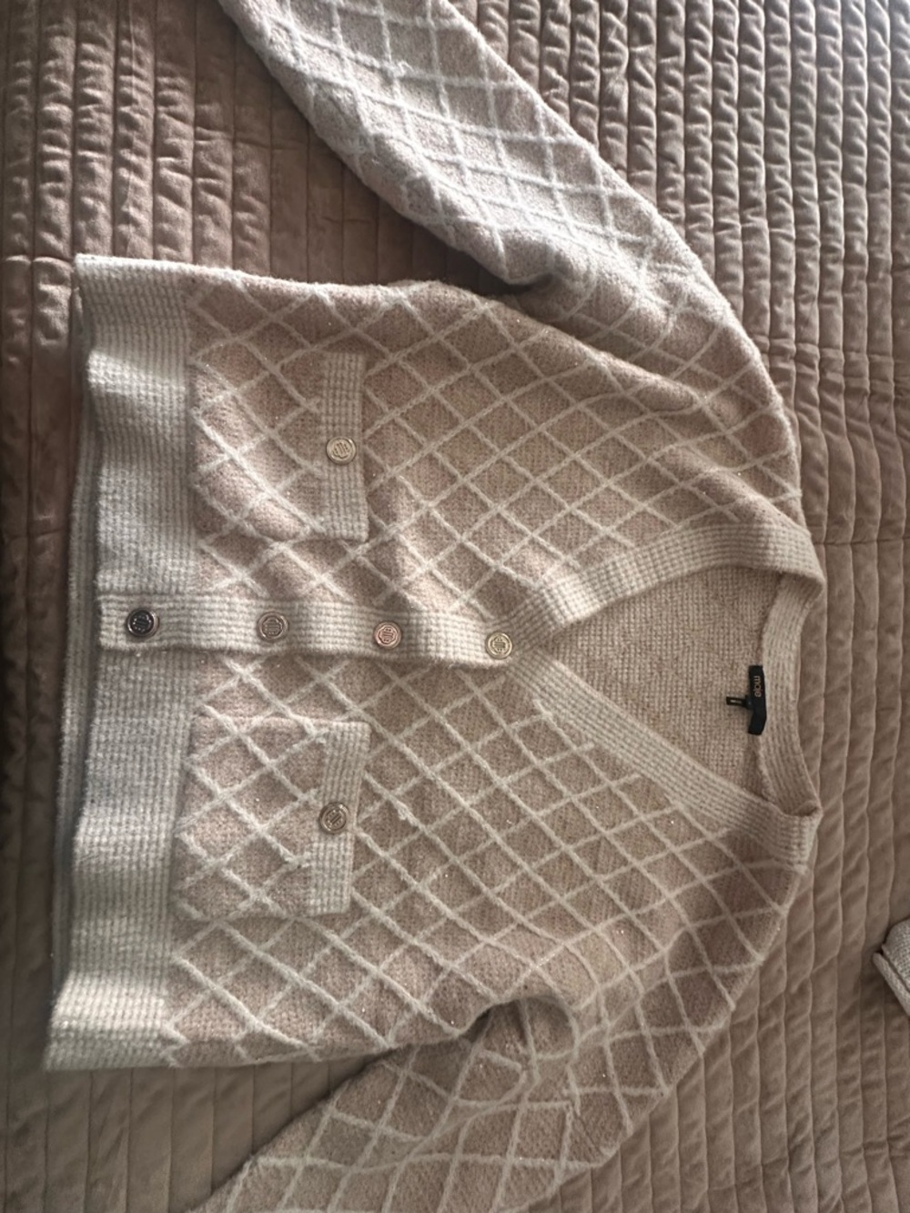 Maje Beige Diamond-Knit Button Cardigan Sweater
